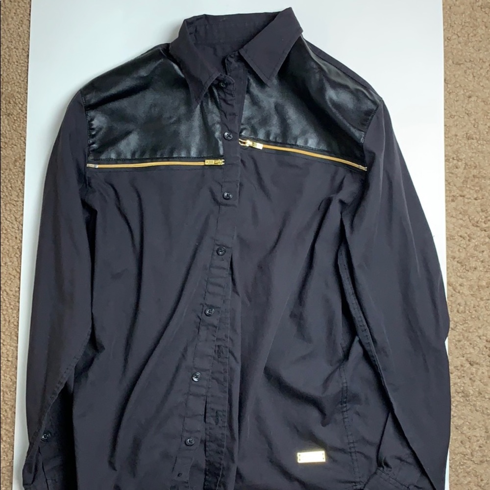 Black & Gold Button Up Leather Tee